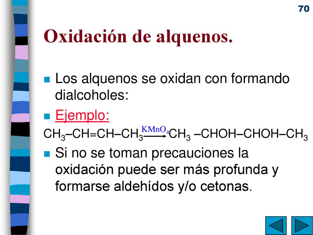 Oxidación de alquenos. Los alquenos se oxidan con formando dialcoholes: Ejemplo: CH3–CH=CH–CH3 CH3 –CHOH–CHOH–CH3.