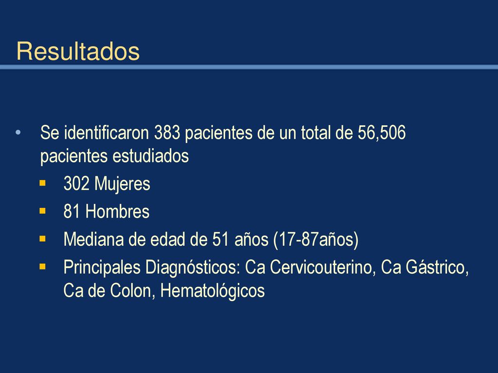 Resultados Se identificaron 383 pacientes de un total de 56,506 pacientes estudiados. 302 Mujeres.
