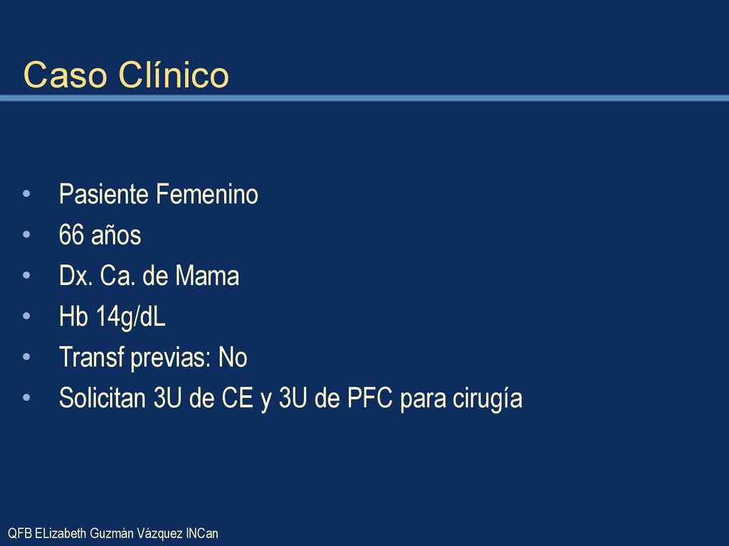 Caso Clínico Pasiente Femenino 66 años Dx. Ca. de Mama Hb 14g/dL