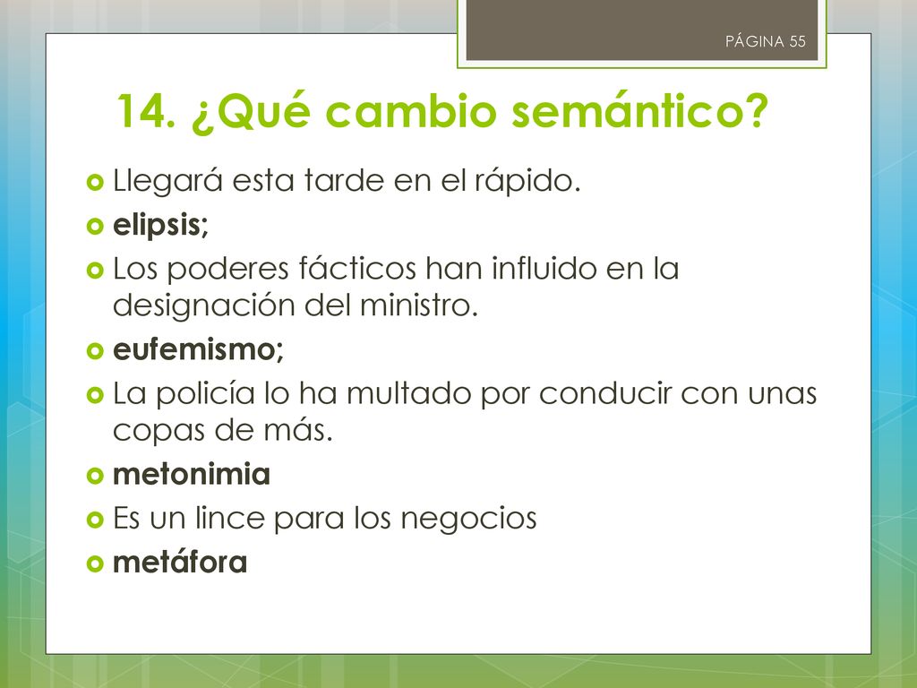 14. ¿Qué cambio semántico Llegará esta tarde en el rápido. elipsis;