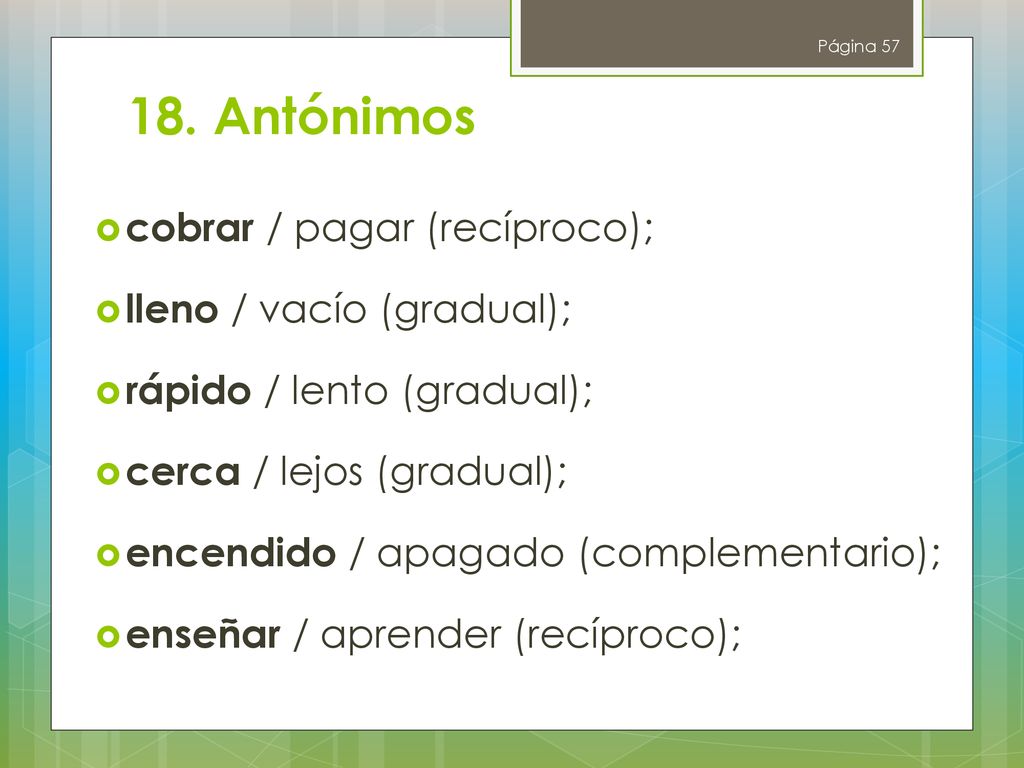 18. Antónimos cobrar / pagar (recíproco); lleno / vacío (gradual);