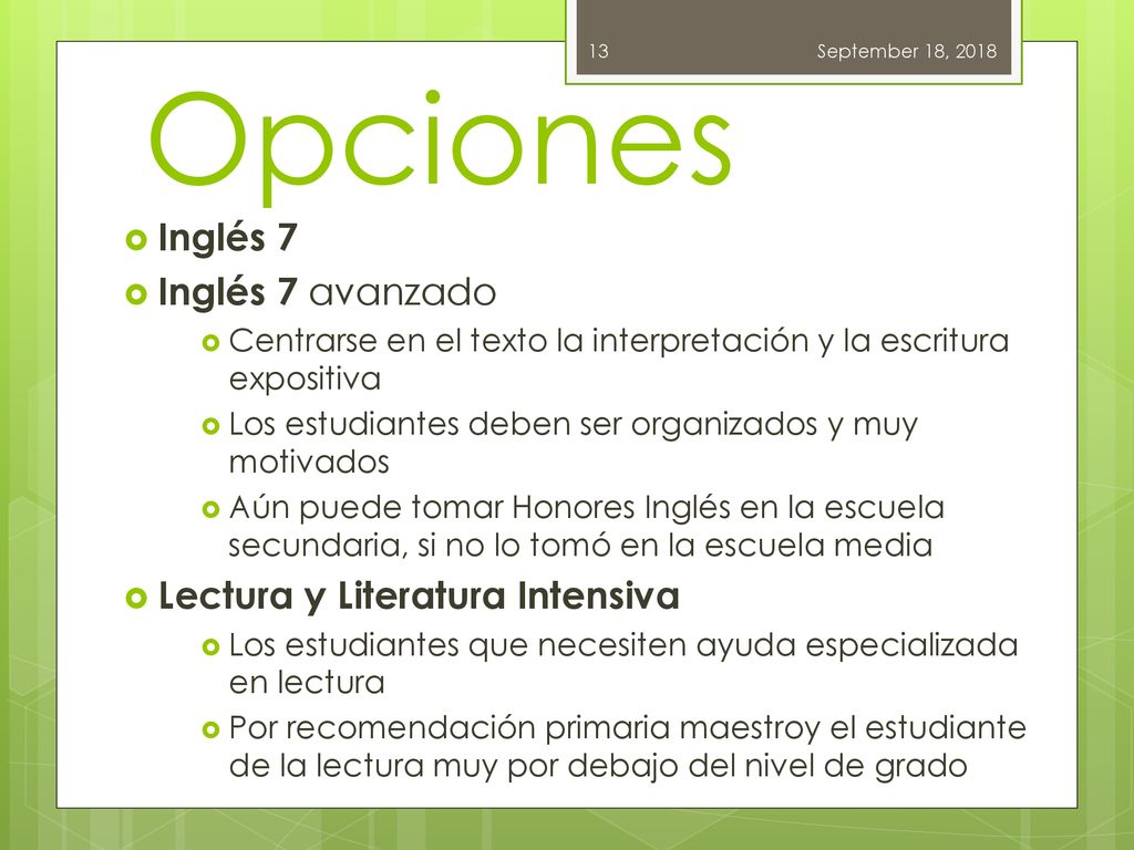 Opciones Inglés 7 Inglés 7 avanzado Lectura y Literatura Intensiva