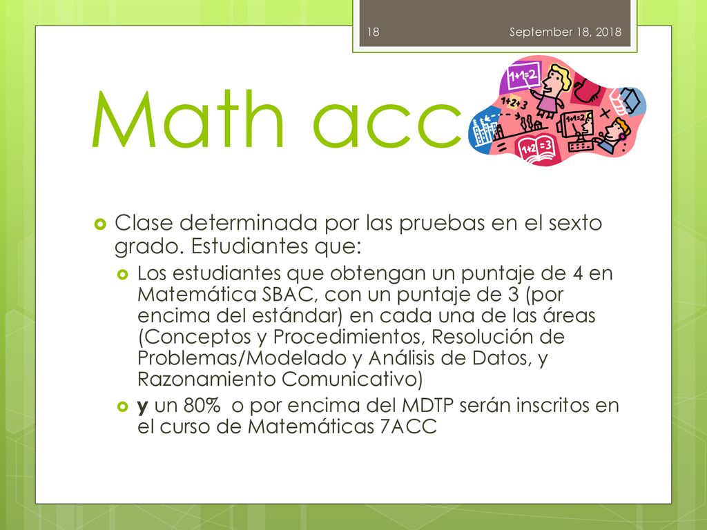 September 18, 2018 Math acc. Clase determinada por las pruebas en el sexto grado. Estudiantes que: