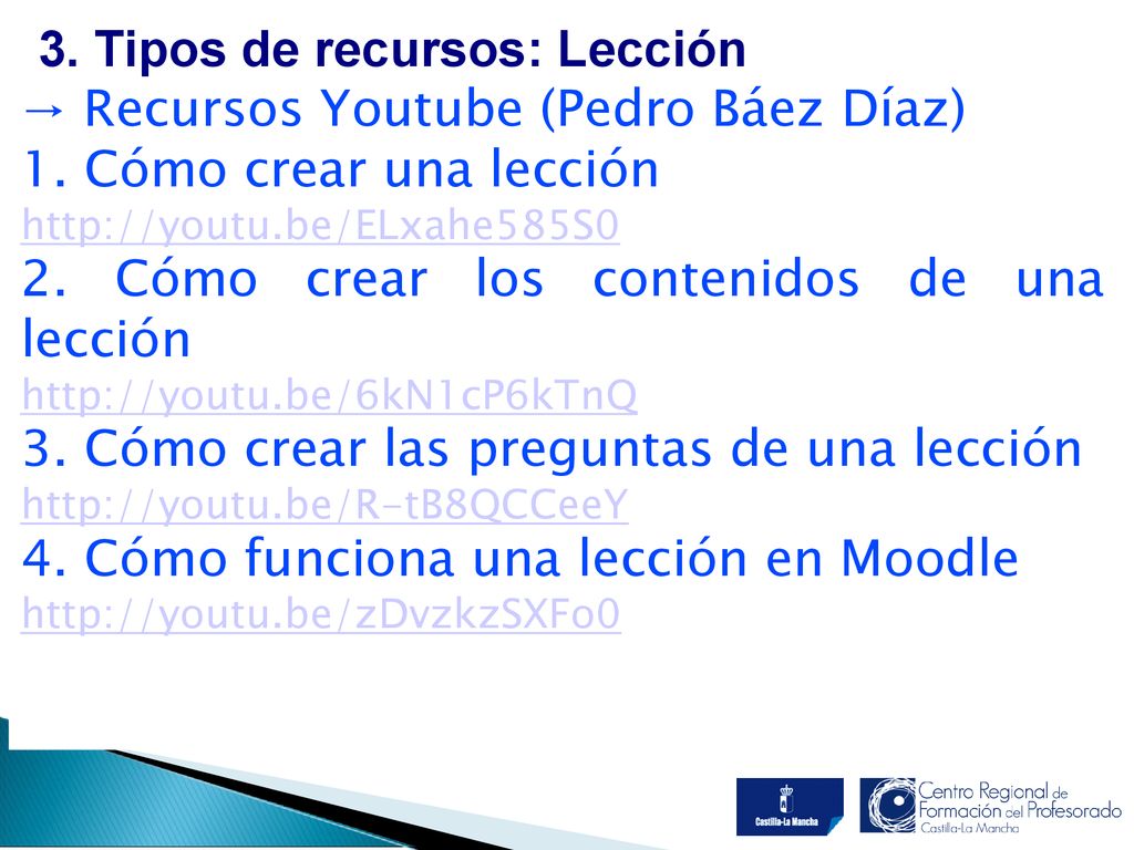 3. Tipos de recursos: Lección → Recursos Youtube (Pedro Báez Díaz)