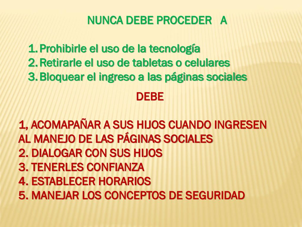 NUNCA DEBE PROCEDER A Prohibirle el uso de la tecnología. Retirarle el uso de tabletas o celulares.