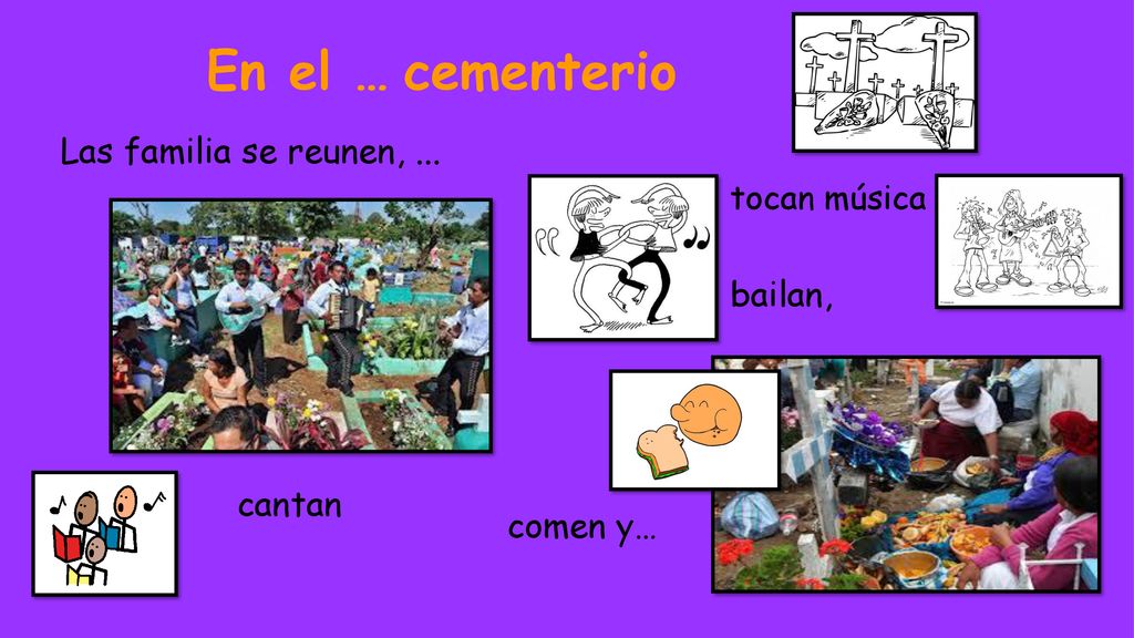 En el … cementerio Las familia se reunen, ... bailan, cantan comen y…