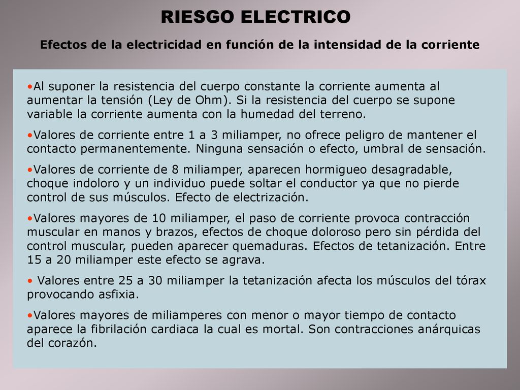 Efectos de la electricidad en función de la intensidad de la corriente