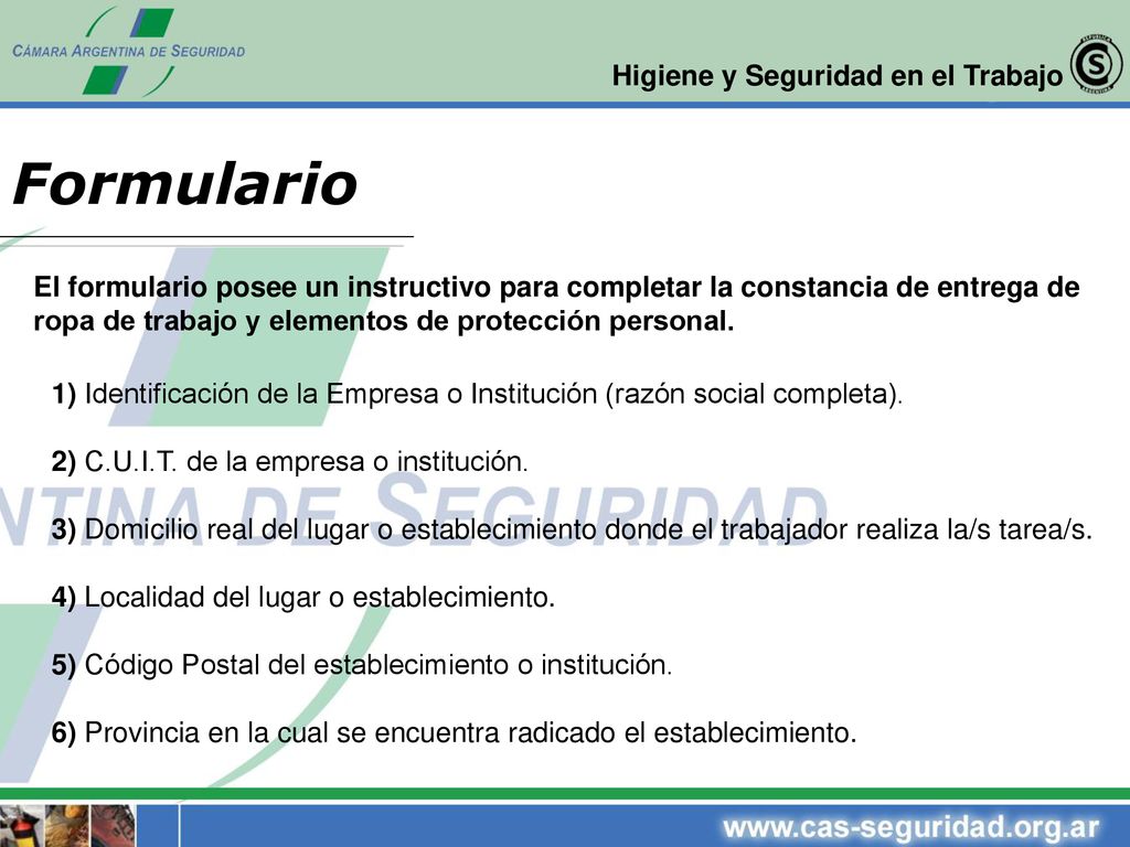 Formulario El formulario posee un instructivo para completar la constancia de entrega de ropa de trabajo y elementos de protección personal.