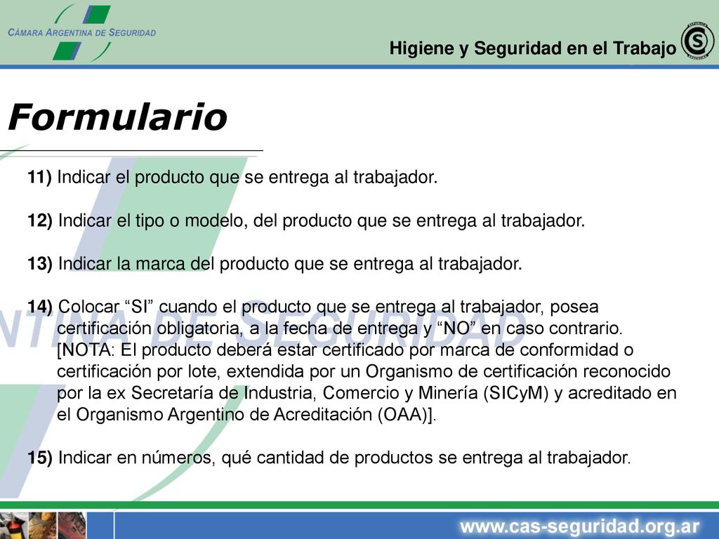 Formulario 11) Indicar el producto que se entrega al trabajador.