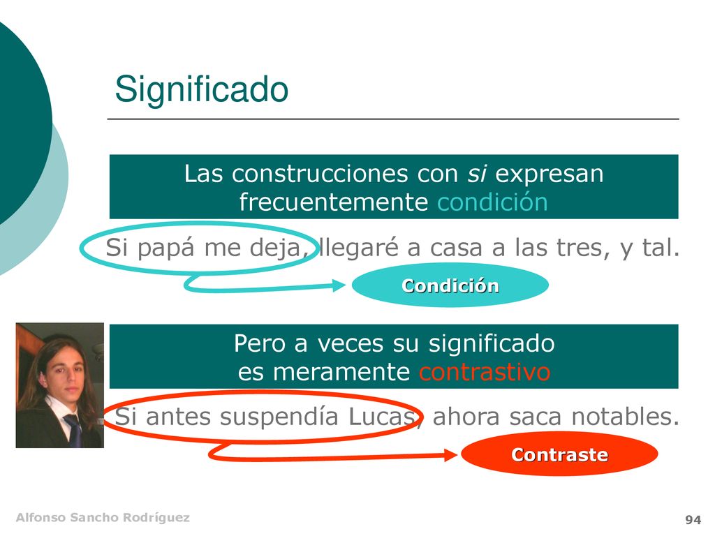 Significado Las construcciones con si expresan frecuentemente condición. Si papá me deja, llegaré a casa a las tres, y tal.