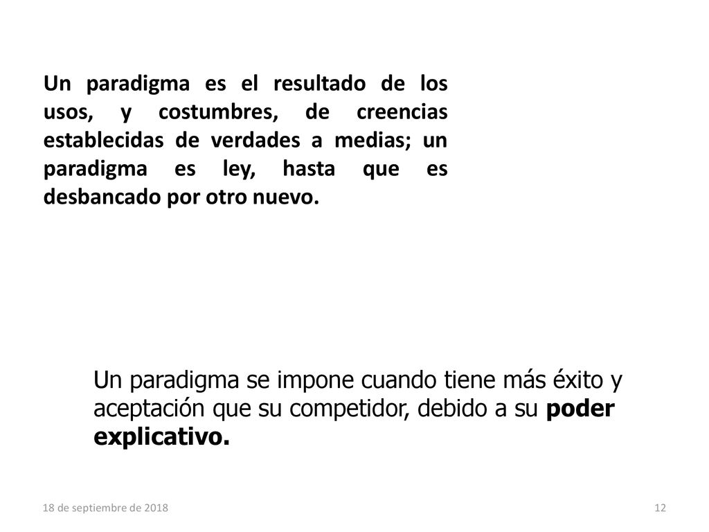 Un paradigma es el resultado de los usos, y costumbres, de creencias establecidas de verdades a medias; un paradigma es ley, hasta que es desbancado por otro nuevo.