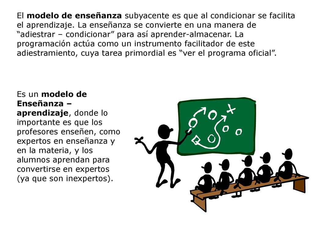 El modelo de enseñanza subyacente es que al condicionar se facilita el aprendizaje. La enseñanza se convierte en una manera de adiestrar – condicionar para así aprender-almacenar. La programación actúa como un instrumento facilitador de este adiestramiento, cuya tarea primordial es ver el programa oficial .