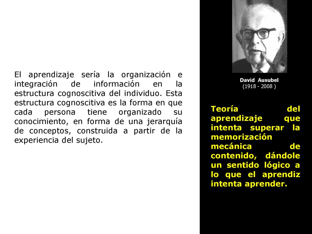 El aprendizaje sería la organización e integración de información en la estructura cognoscitiva del individuo. Esta estructura cognoscitiva es la forma en que cada persona tiene organizado su conocimiento, en forma de una jerarquía de conceptos, construida a partir de la experiencia del sujeto.