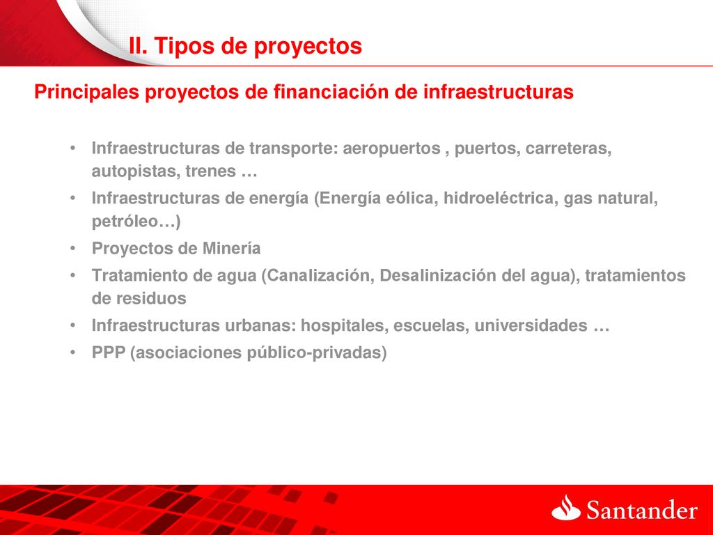 II. Tipos de proyectos Principales proyectos de financiación de infraestructuras.