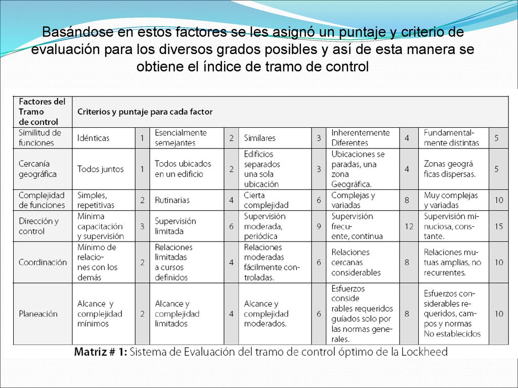 Basándose en estos factores se les asignó un puntaje y criterio de evaluación para los diversos grados posibles y así de esta manera se obtiene el índice de tramo de control