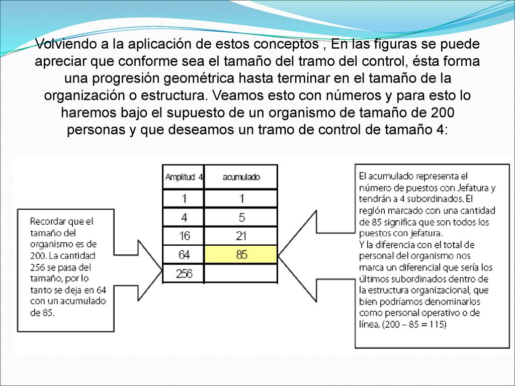 Volviendo a la aplicación de estos conceptos , En las figuras se puede apreciar que conforme sea el tamaño del tramo del control, ésta forma una progresión geométrica hasta terminar en el tamaño de la organización o estructura.