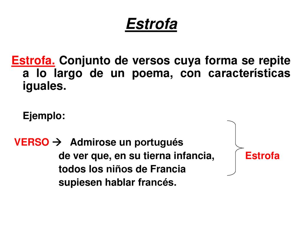 Estrofa Estrofa. Conjunto de versos cuya forma se repite a lo largo de un poema, con características iguales.