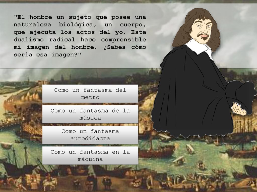 El hombre un sujeto que posee una naturaleza biológica, un cuerpo, que ejecuta los actos del yo. Este dualismo radical hace comprensible mi imagen del hombre. ¿Sabes cómo sería esa imagen