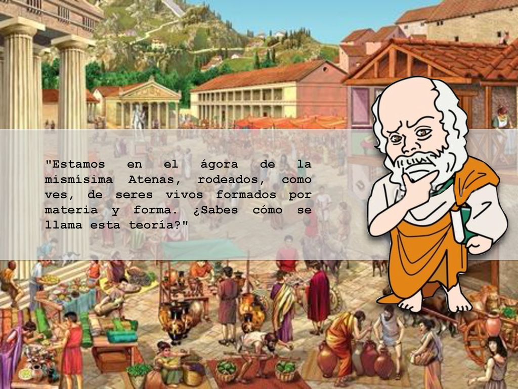 Estamos en el ágora de la mismísima Atenas, rodeados, como ves, de seres vivos formados por materia y forma.