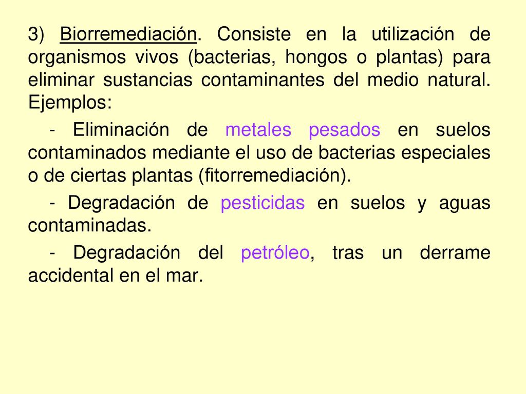 3) Biorremediación. Consiste en la utilización de organismos vivos (bacterias, hongos o plantas) para eliminar sustancias contaminantes del medio natural. Ejemplos: