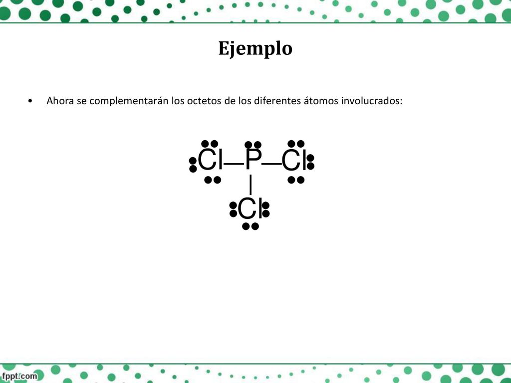 Ejemplo Ahora se complementarán los octetos de los diferentes átomos involucrados: _ _ Cl P Cl _ Cl