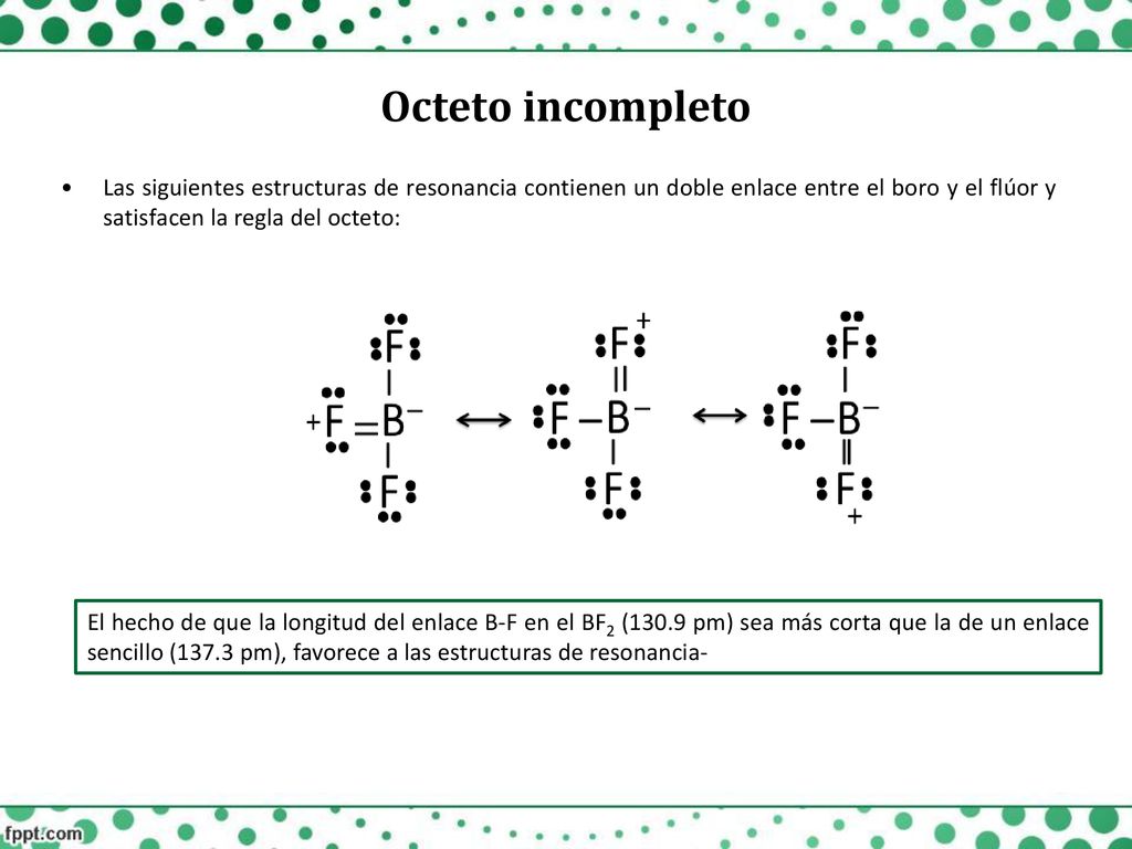 Octeto incompleto Las siguientes estructuras de resonancia contienen un doble enlace entre el boro y el flúor y satisfacen la regla del octeto: