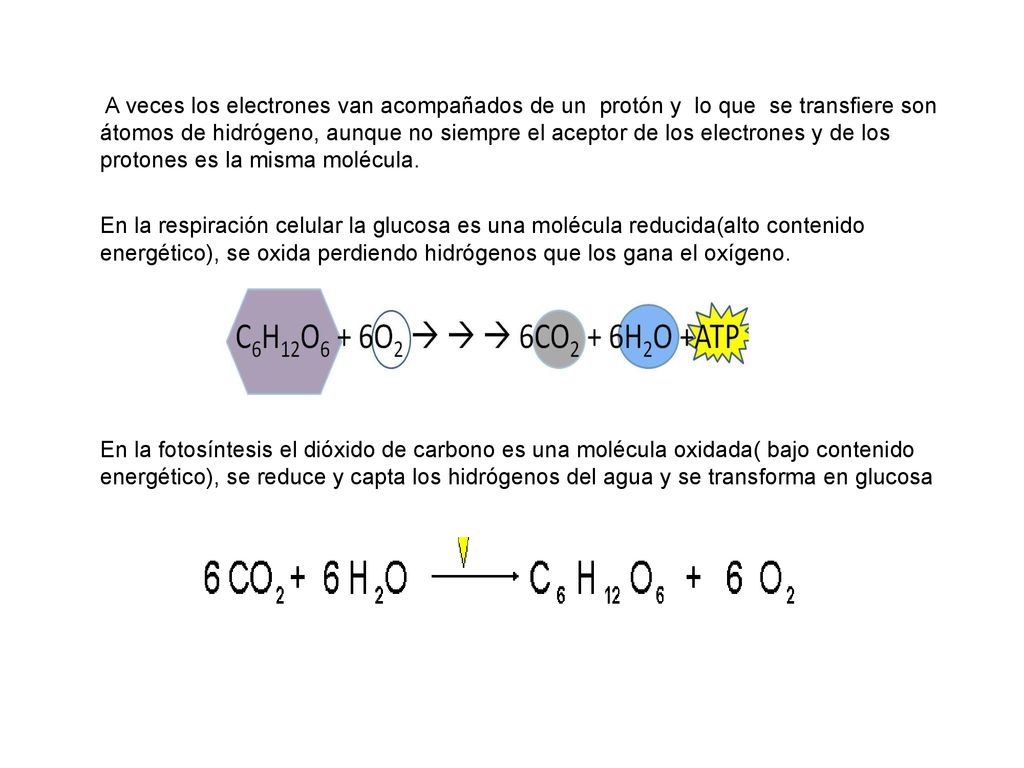 A veces los electrones van acompañados de un protón y lo que se transfiere son átomos de hidrógeno, aunque no siempre el aceptor de los electrones y de los protones es la misma molécula.