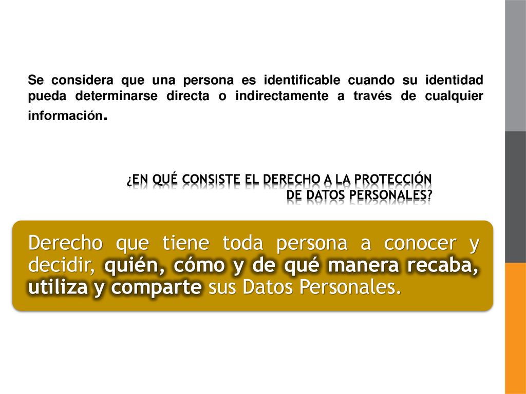 Se considera que una persona es identificable cuando su identidad pueda determinarse directa o indirectamente a través de cualquier información.