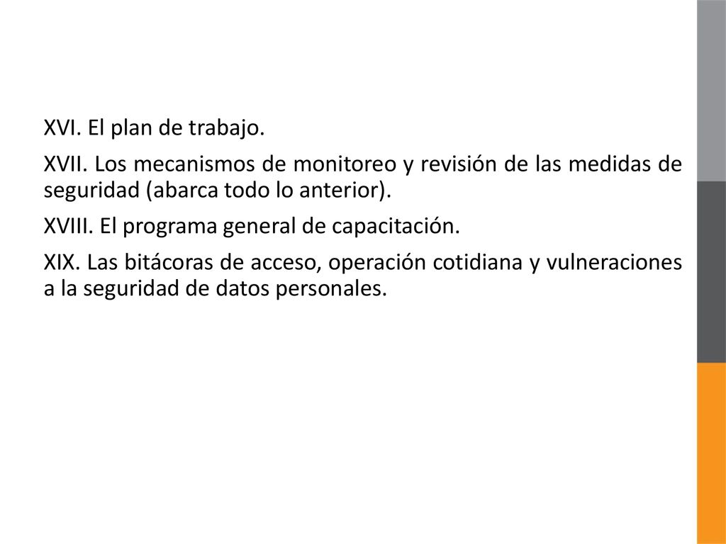 XVI. El plan de trabajo. XVII. Los mecanismos de monitoreo y revisión de las medidas de seguridad (abarca todo lo anterior).