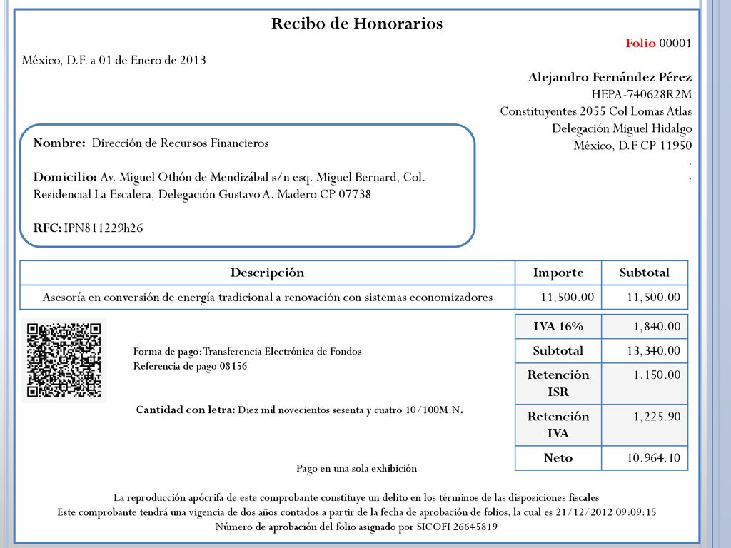 Recibo de Honorarios Folio México, D.F. a 01 de Enero de 2013