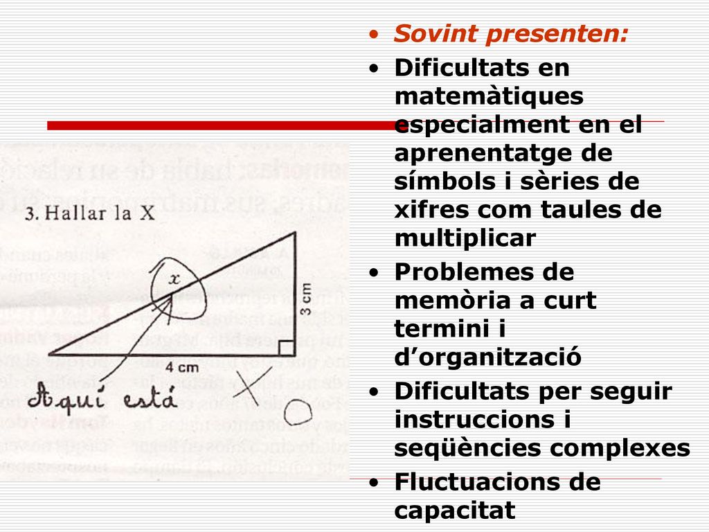 Sovint presenten: Dificultats en matemàtiques especialment en el aprenentatge de símbols i sèries de xifres com taules de multiplicar.