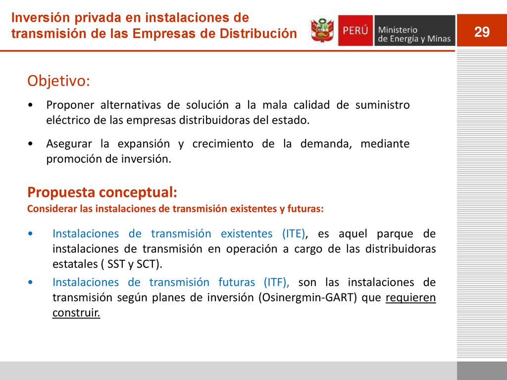 Inversión privada en instalaciones de transmisión de las Empresas de Distribución
