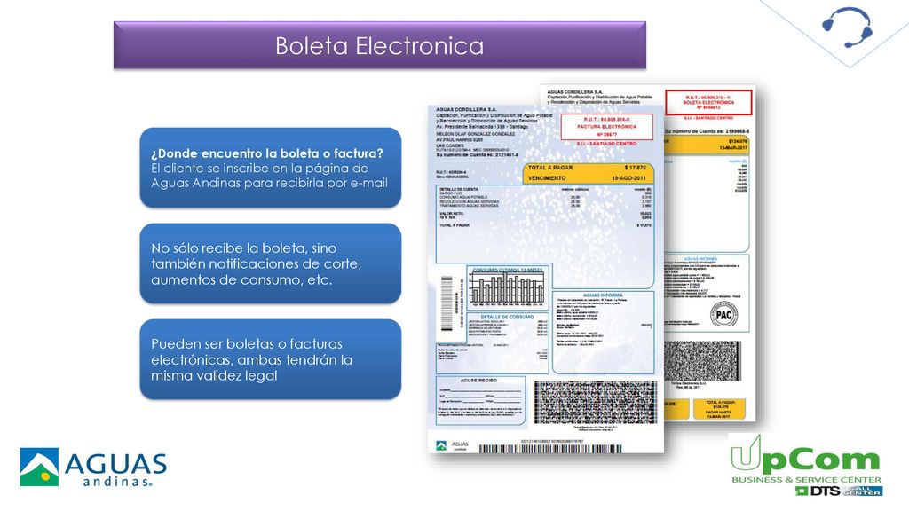 Boleta Electronica ¿Donde encuentro la boleta o factura El cliente se inscribe en la página de Aguas Andinas para recibirla por  .