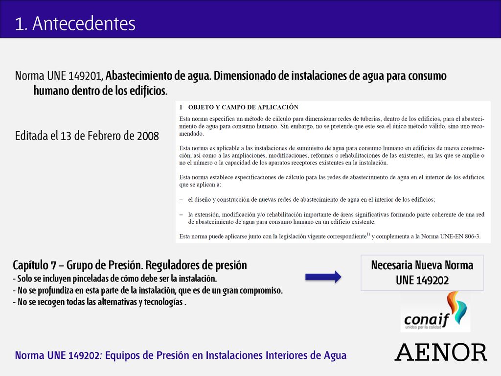1. Antecedentes Norma UNE , Abastecimiento de agua. Dimensionado de instalaciones de agua para consumo humano dentro de los edificios.