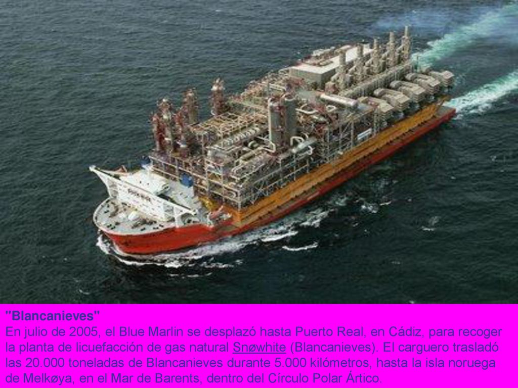 Blancanieves En julio de 2005, el Blue Marlin se desplazó hasta Puerto Real, en Cádiz, para recoger la planta de licuefacción de gas natural Snøwhite (Blancanieves).