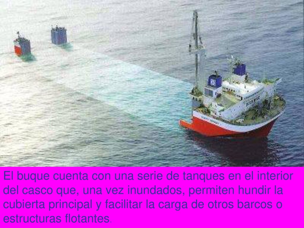 El buque cuenta con una serie de tanques en el interior del casco que, una vez inundados, permiten hundir la cubierta principal y facilitar la carga de otros barcos o estructuras flotantes.