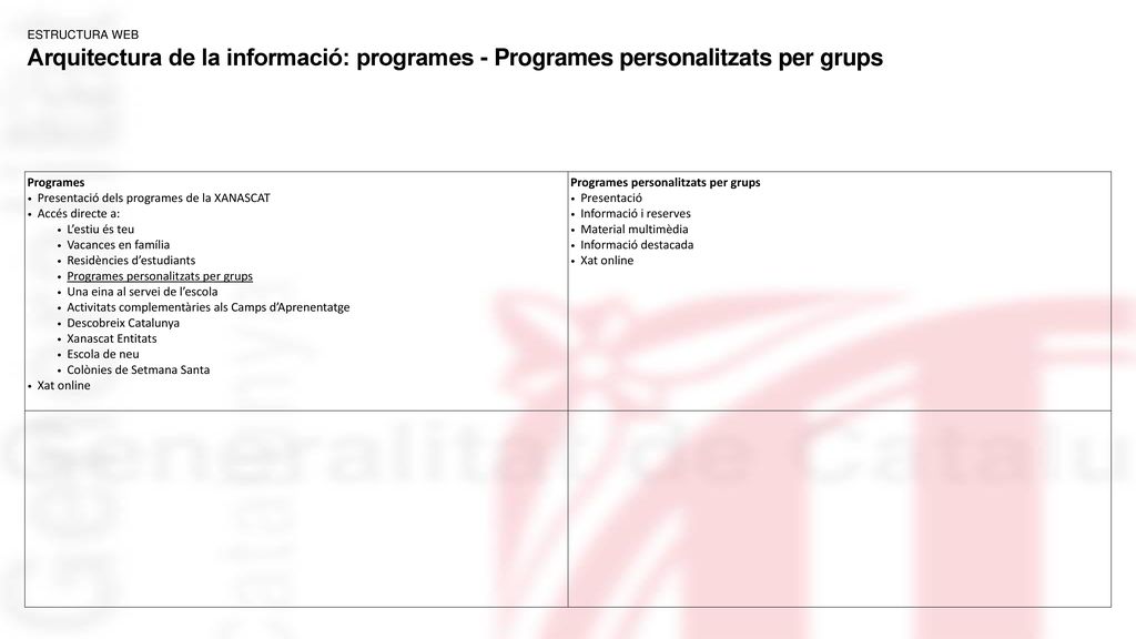 Estructura web Arquitectura de la informació: programes - Programes personalitzats per grups. Programes.