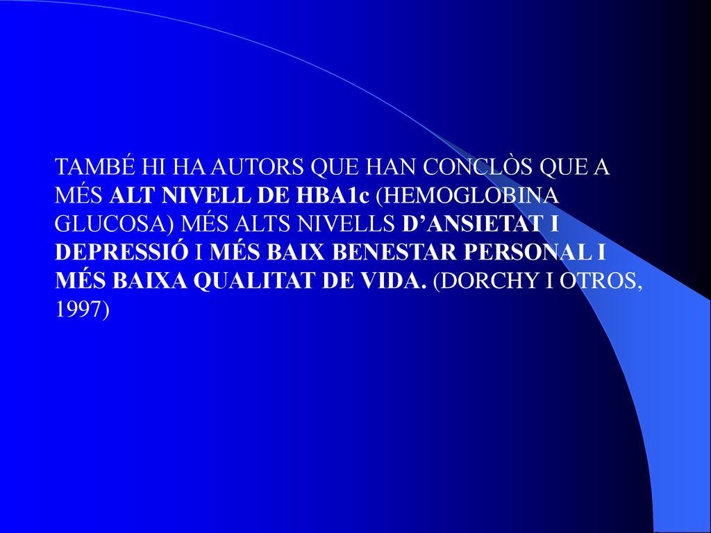 TAMBÉ HI HA AUTORS QUE HAN CONCLÒS QUE A MÉS ALT NIVELL DE HBA1c (HEMOGLOBINA GLUCOSA) MÉS ALTS NIVELLS D’ANSIETAT I DEPRESSIÓ I MÉS BAIX BENESTAR PERSONAL I MÉS BAIXA QUALITAT DE VIDA.