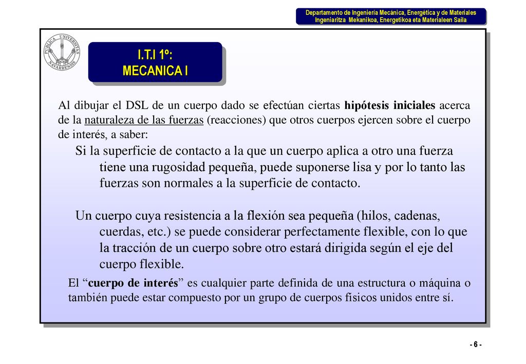 Al dibujar el DSL de un cuerpo dado se efectúan ciertas hipótesis iniciales acerca de la naturaleza de las fuerzas (reacciones) que otros cuerpos ejercen sobre el cuerpo de interés, a saber: