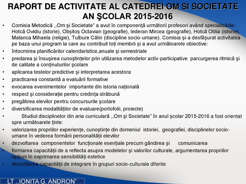 RAPORT DE ACTIVITATE AL CATEDREI OM SI SOCIETATE AN ŞCOLAR