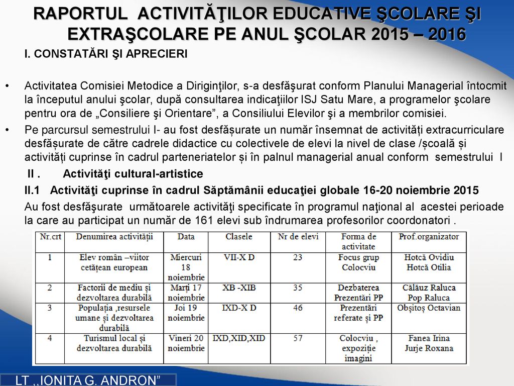 RAPORTUL ACTIVITĂŢILOR EDUCATIVE ŞCOLARE ŞI EXTRAŞCOLARE PE ANUL ŞCOLAR 2015 – 2016