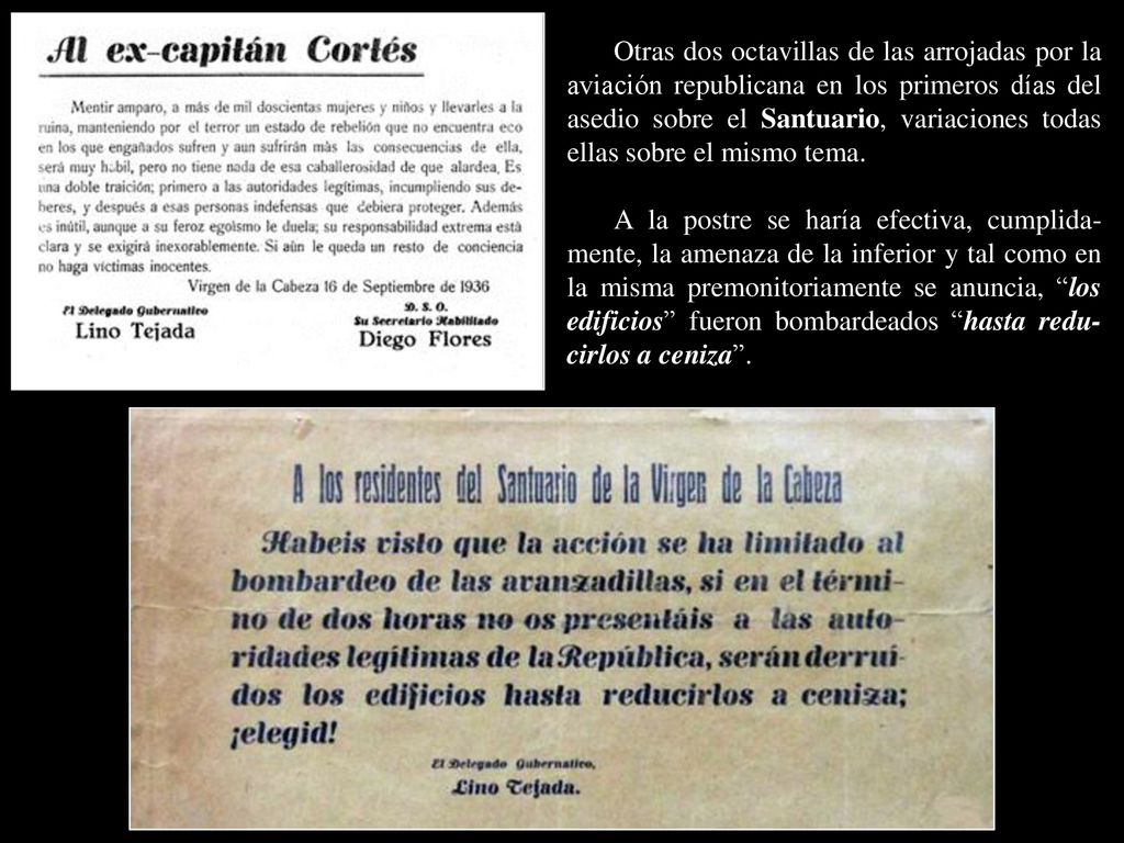 Otras dos octavillas de las arrojadas por la aviación republicana en los primeros días del asedio sobre el Santuario, variaciones todas ellas sobre el mismo tema.