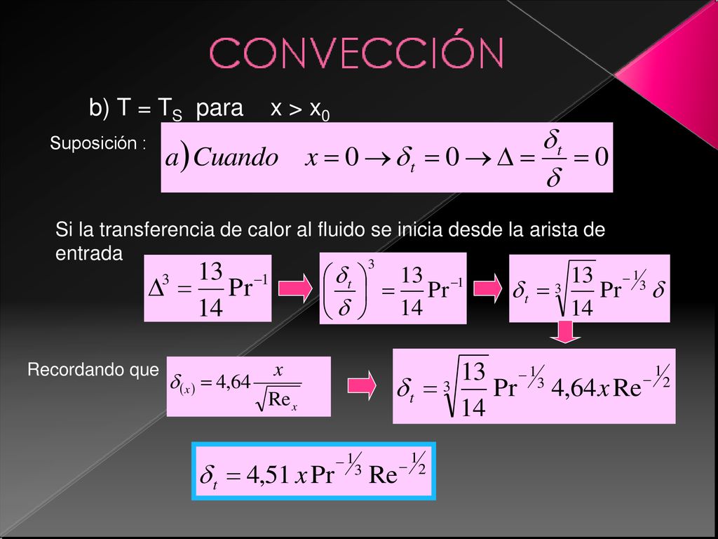 b) T = TS para x > x0 Suposición : Si la transferencia de calor al fluido se inicia desde la arista de entrada.