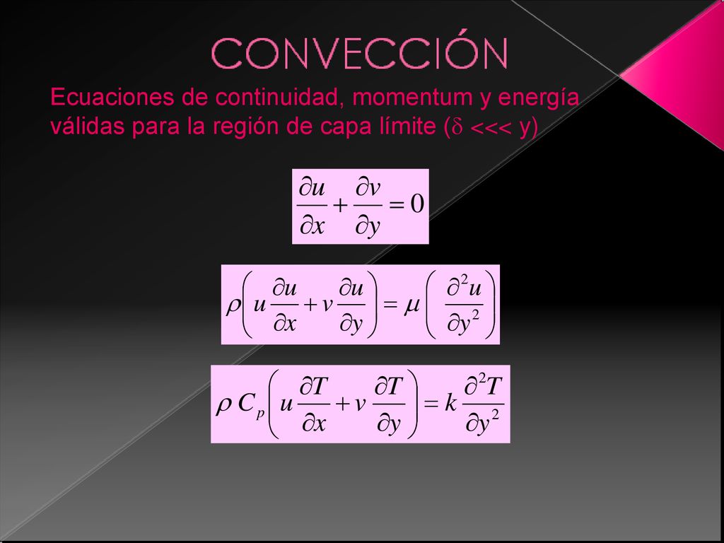 Ecuaciones de continuidad, momentum y energía válidas para la región de capa límite (d <<< y)