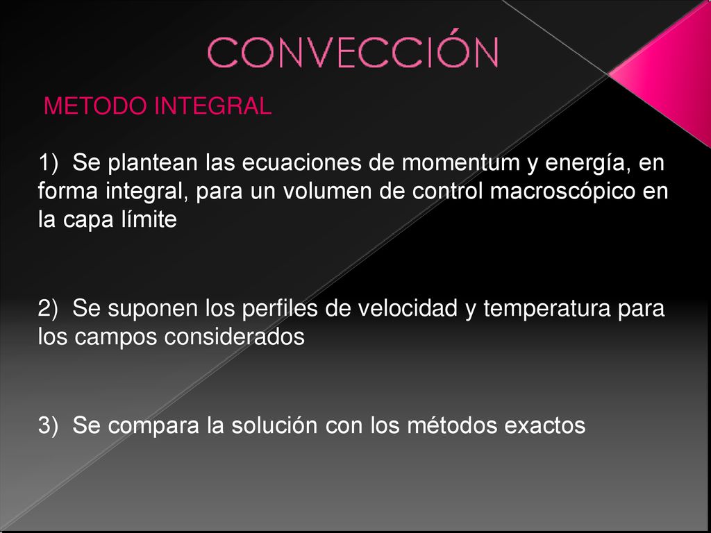 METODO INTEGRAL 1) Se plantean las ecuaciones de momentum y energía, en forma integral, para un volumen de control macroscópico en la capa límite.