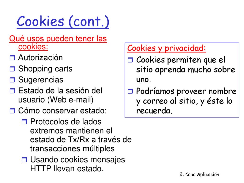 Cookies (cont.) Qué usos pueden tener las cookies: Autorización