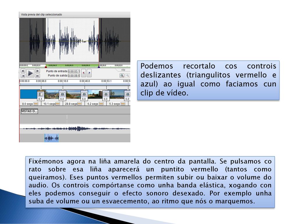 Podemos recortalo cos controis deslizantes (triangulitos vermello e azul) ao igual como faciamos cun clip de vídeo.