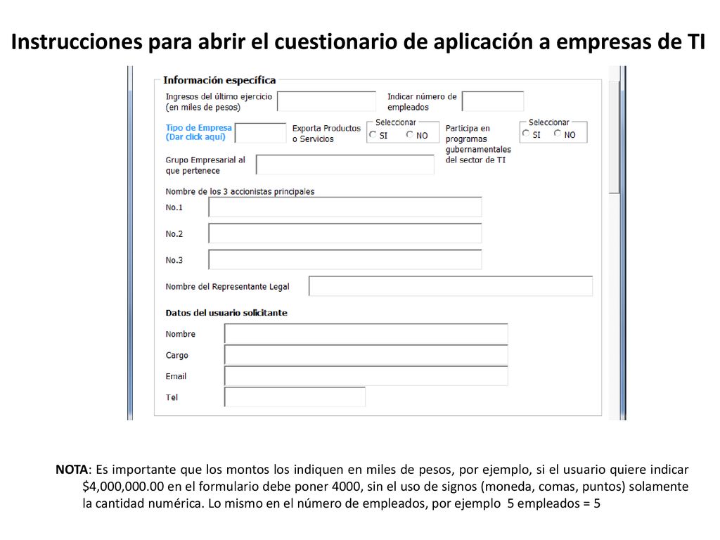 Instrucciones para abrir el cuestionario de aplicación a empresas de TI