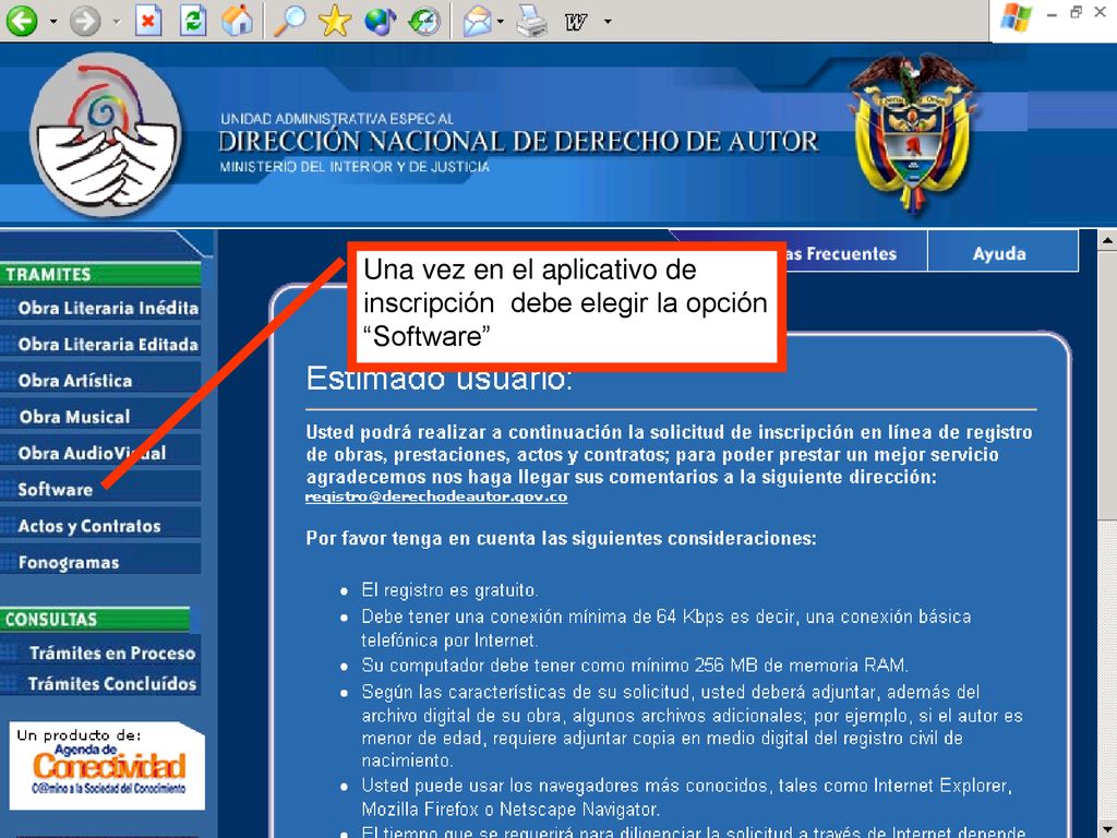 Una vez en el aplicativo de inscripción debe elegir la opción Software