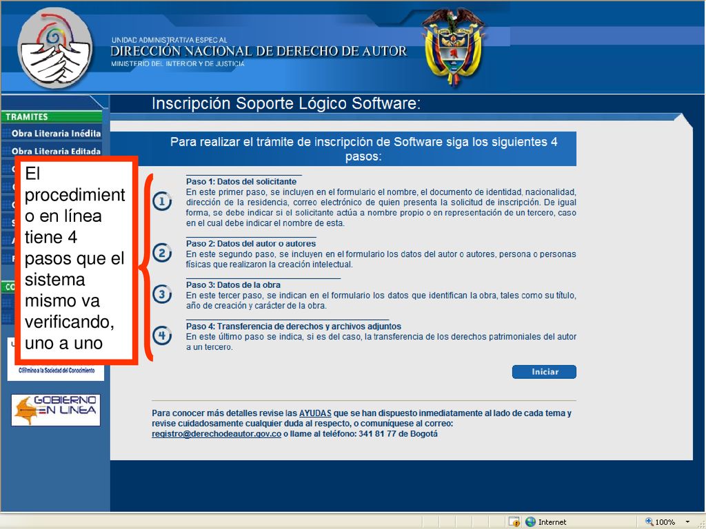 El procedimiento en línea tiene 4 pasos que el sistema mismo va verificando, uno a uno